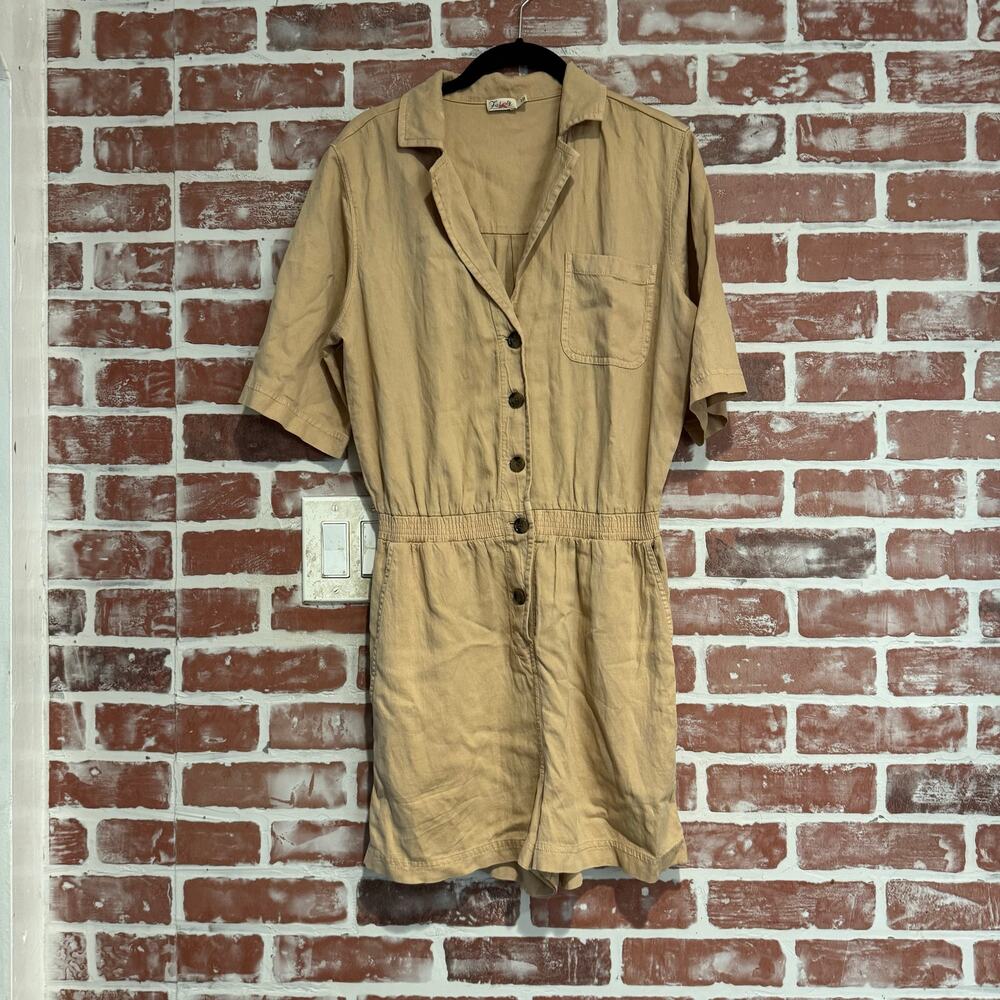 Faherty Linen Blend Utility Romper Tan Button Front Elastic Waist Small